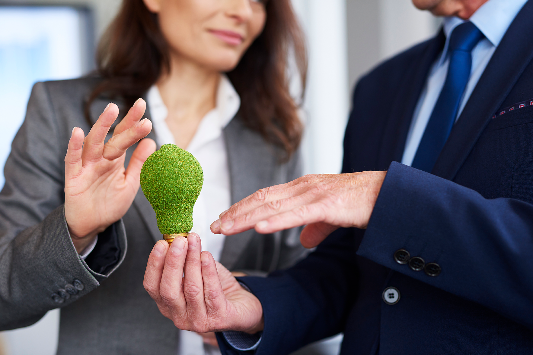 Two professionals in suits discussing a green, grass-textured lightbulb, symbolizing eco-friendly ideas.